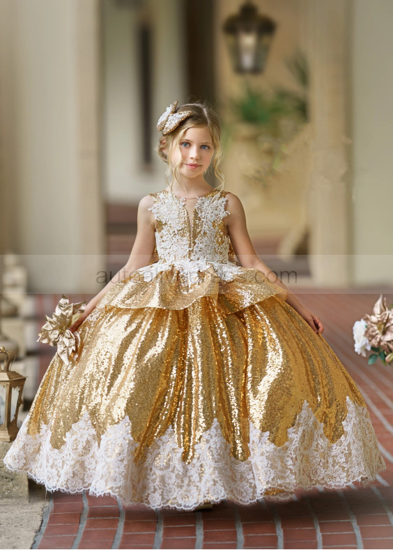 Gold Sequin Ivory Lace Peplum Gorgeous Flower Girl Dress